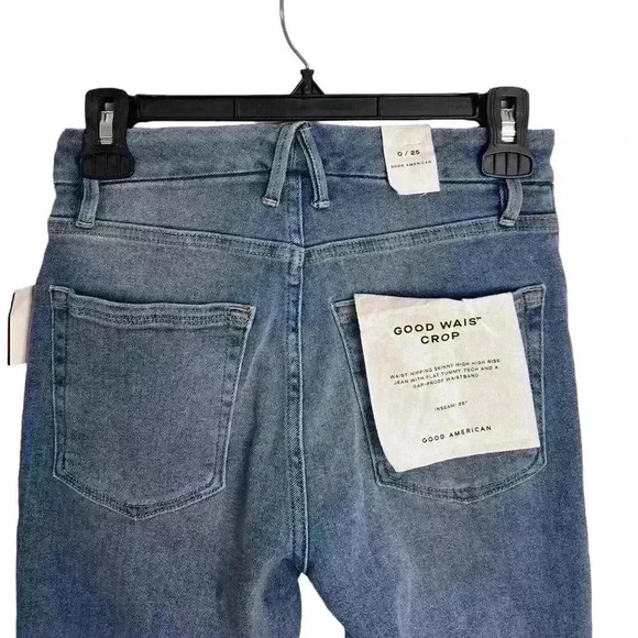Good American Good Waist High Rise Distressed Crop Jeans blue678 Size 0/25 - Picture 6 of 10